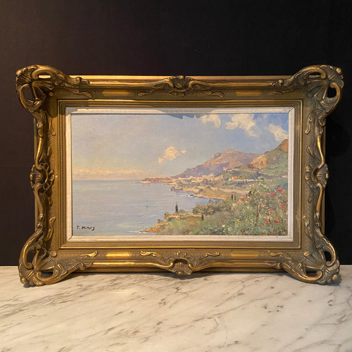 Signed French Impressionist Oil Painting: Nautical Mountainous Coastline