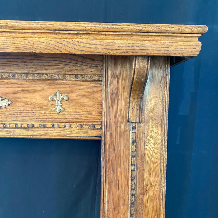 French Style Art Nouveau Carved Oak Mantel with Gold Acanthus Leaves and Crests