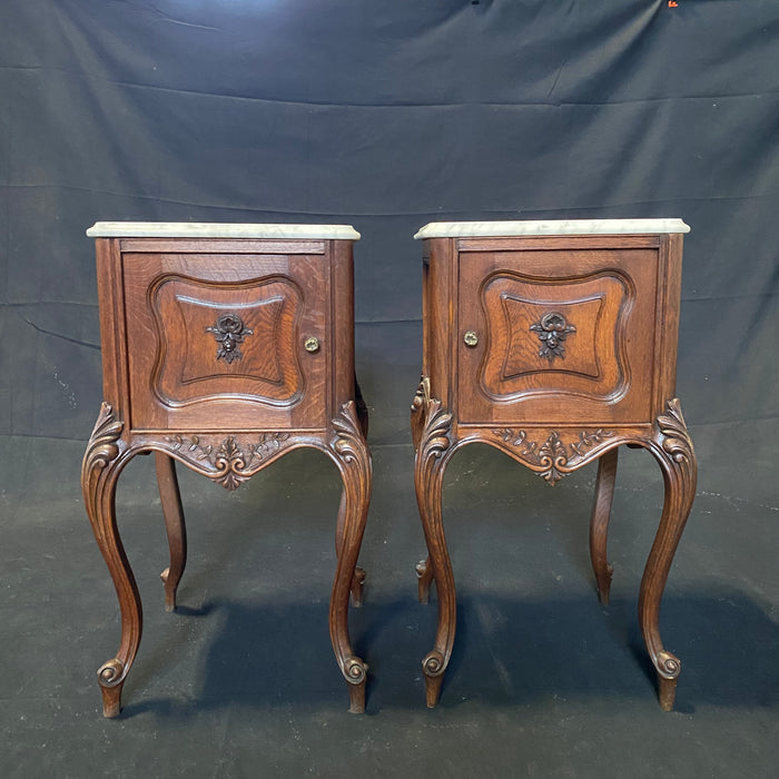 19th Century French Louis XV Carved Nightstands with Original Carrera Marble Tops