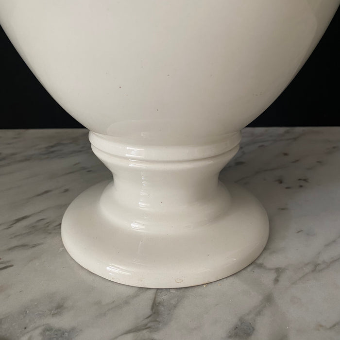Large Antique Italian Pair of White Ceramic Apothecary Style Urn Vases