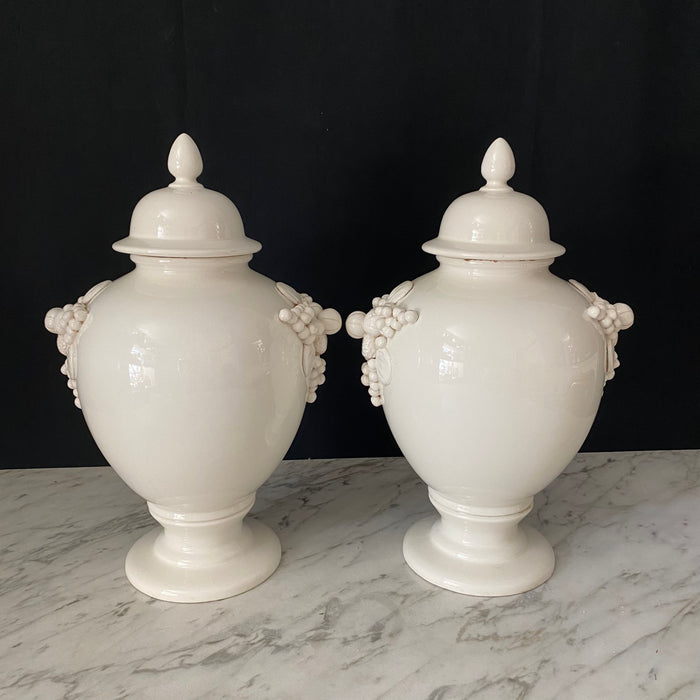 Pair of White Italian Ceramic Apothecary Style Urn Vases