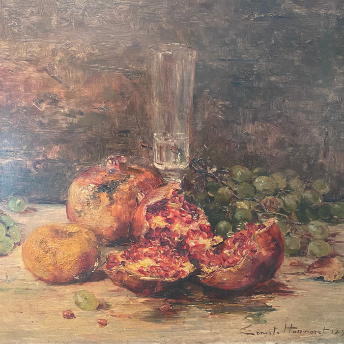 French 1893 Still Life Oil Painting by Listed Artist Ernest Honnerat: Fruit with Wine Glass