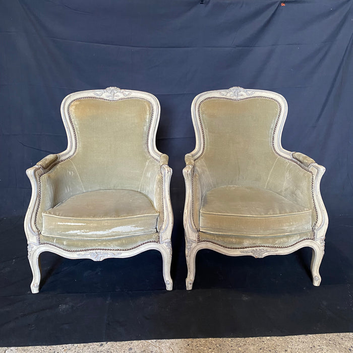 Pair of Period Carved French Louis XV Moss Green Original Mohair Armchairs or Bergeres in Original Paint with Brass Beading