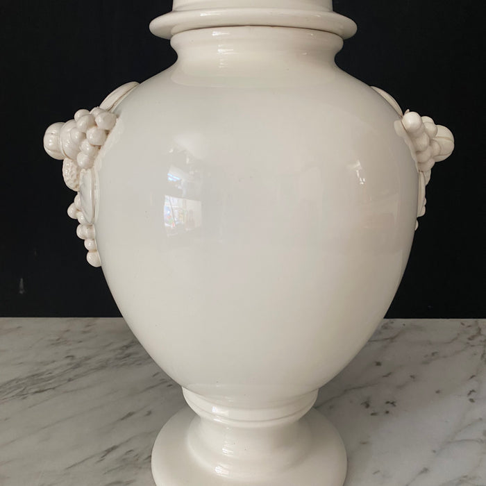 Pair of White Italian Ceramic Apothecary Style Urn Vases