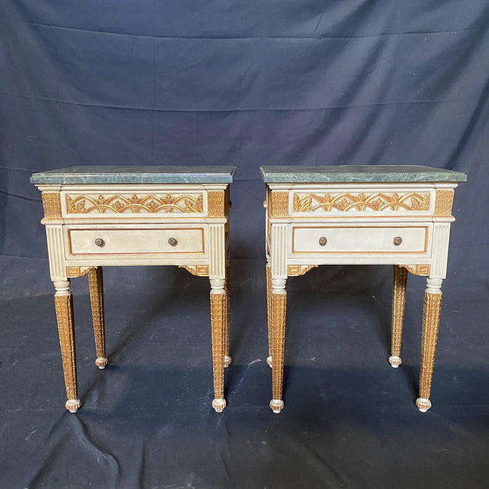 French Pair of Neoclassical Painted Wood Nightstands, Bedside Tables, or Side Tables with Marble Tops
