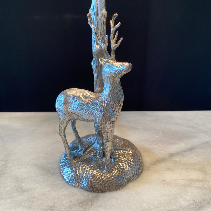 Silver Plated Bronze Deer or Stag Sculpture Table Lamp with Leaf Torch Base in the Manner of Valenti