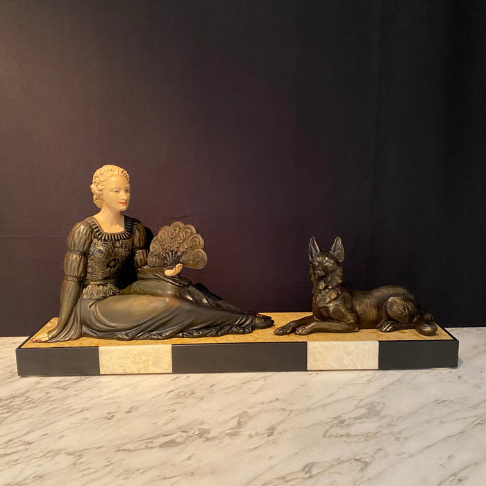 French Art Deco Sculpture, Lady with Fan and German Shepherd, 1930s