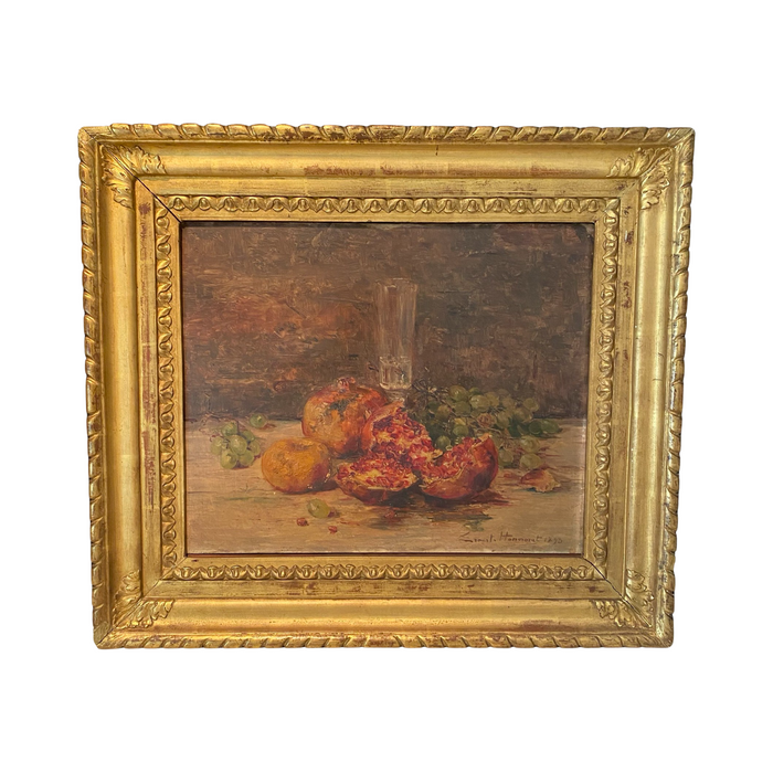 French 1893 Still Life Oil Painting by Listed Artist Ernest Honnerat: Fruit with Wine Glass