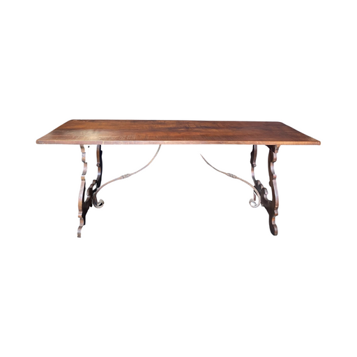 19th Century Antique Italian Dining Table with Carved Lyre End Supports Joined by Iron Stretchers