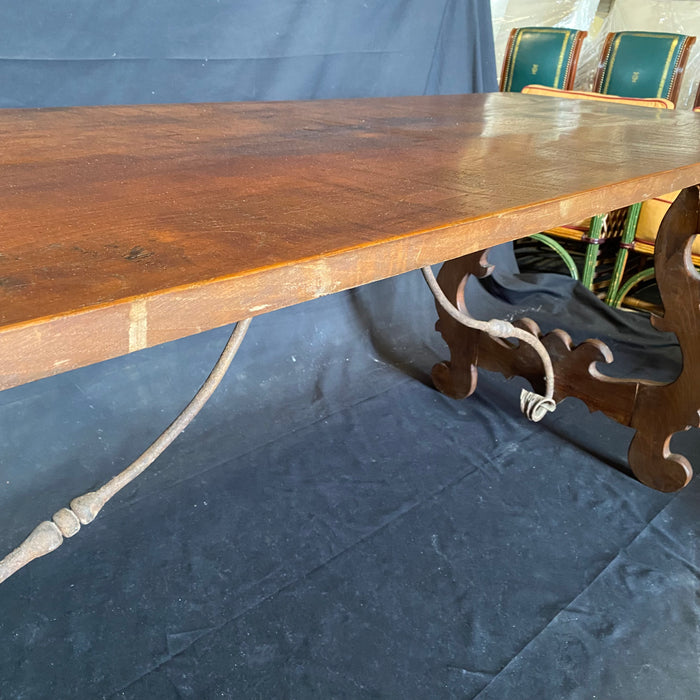 19th Century Antique Italian Dining Table with Carved Lyre End Supports Joined by Iron Stretchers