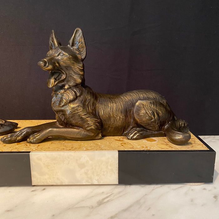 French Art Deco Sculpture, Lady with Fan and German Shepherd, 1930s