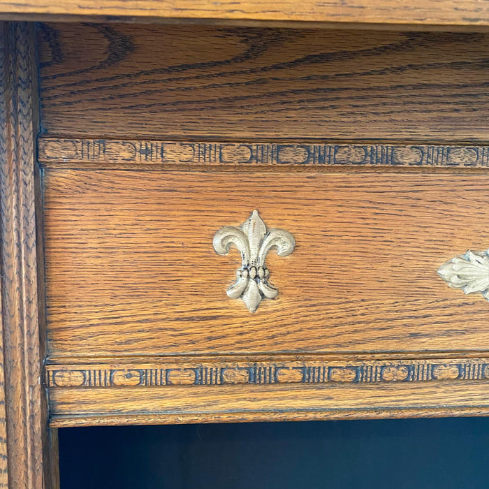French Style Art Nouveau Carved Oak Mantel with Gold Acanthus Leaves and Crests