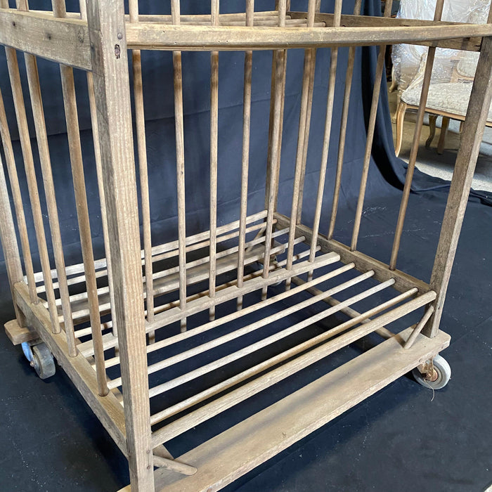French Industrial Wood Bakers Rack on Casters with Two Shelves
