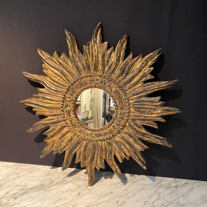 French Intricate Carved Gilt Wood Soleil Sunburst Starburst Wall Mirror