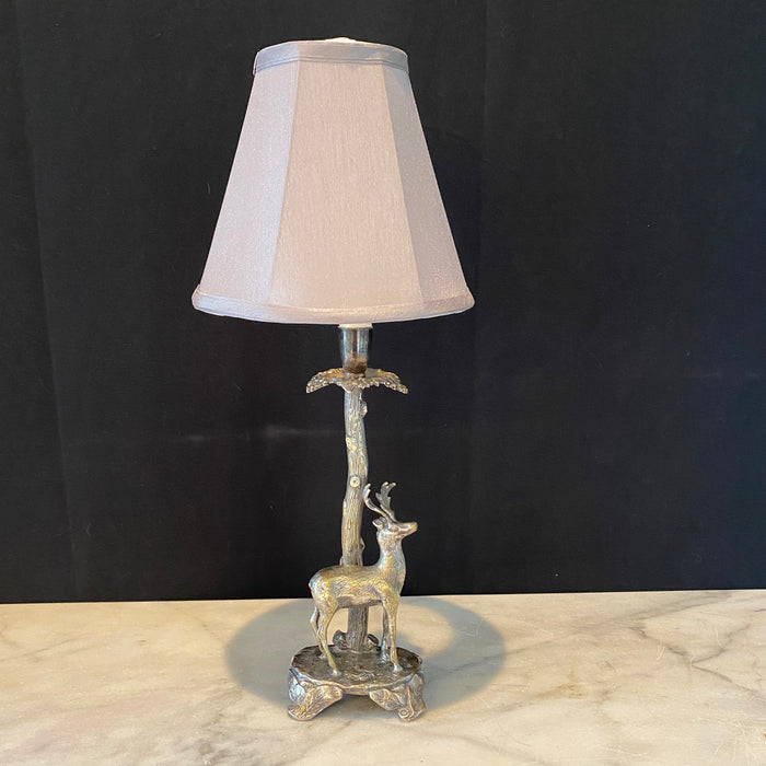 Silver Plated Bronze Deer or Stag Sculpture Table Lamp with Leaf Torch Base in the Manner of Valenti