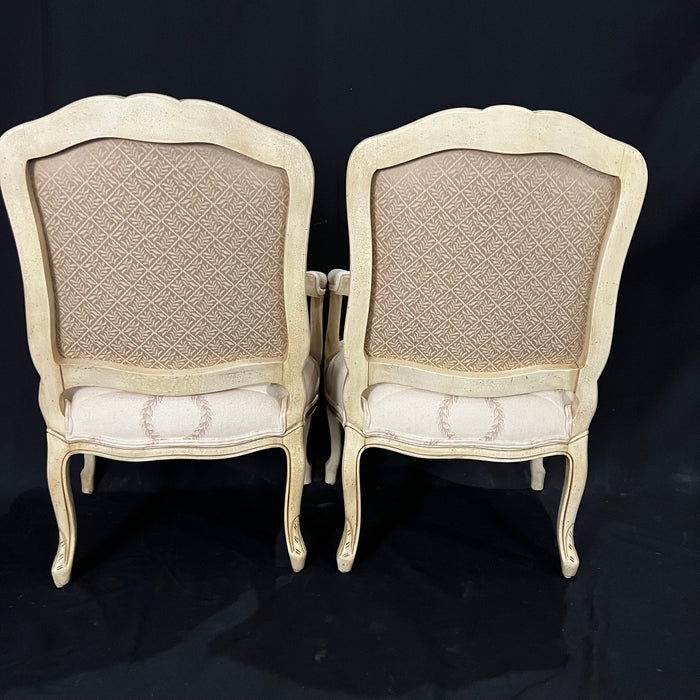 Classic Pair of French Louis XV Style Armchairs or Fauteuils with Original Off White Paint and Contrasting Neutral Fabric on Back