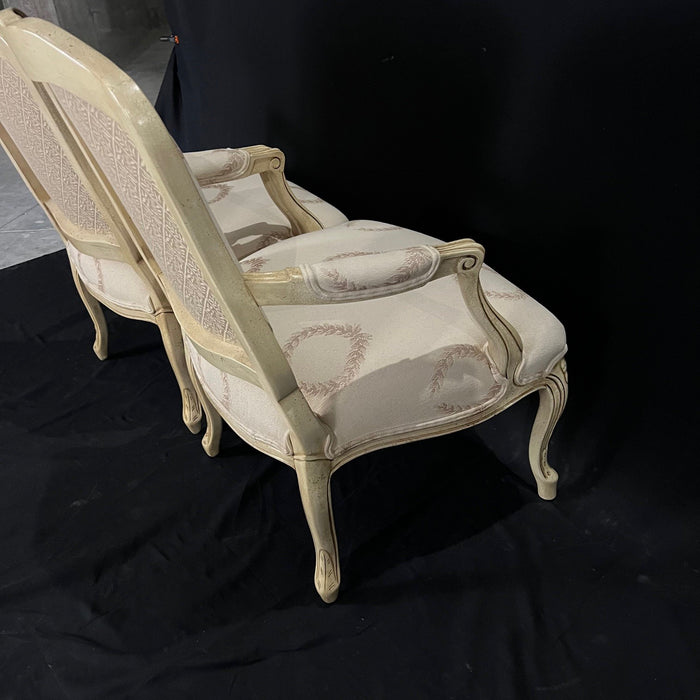 Classic Pair of French Louis XV Style Armchairs or Fauteuils with Original Off White Paint and Contrasting Neutral Fabric on Back