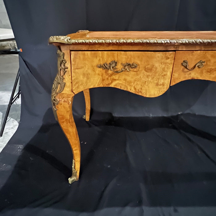 French Louis XV Style Bureau Plat Leather Top Writing Desk With Mounted Bronze Ormolu