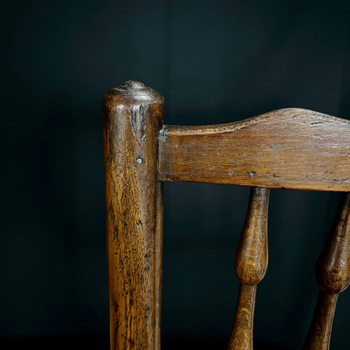 Set of Four Early 19th Century Carved British Oak Dining Chairs or Side Chairs with Original Patina and Rush Seats