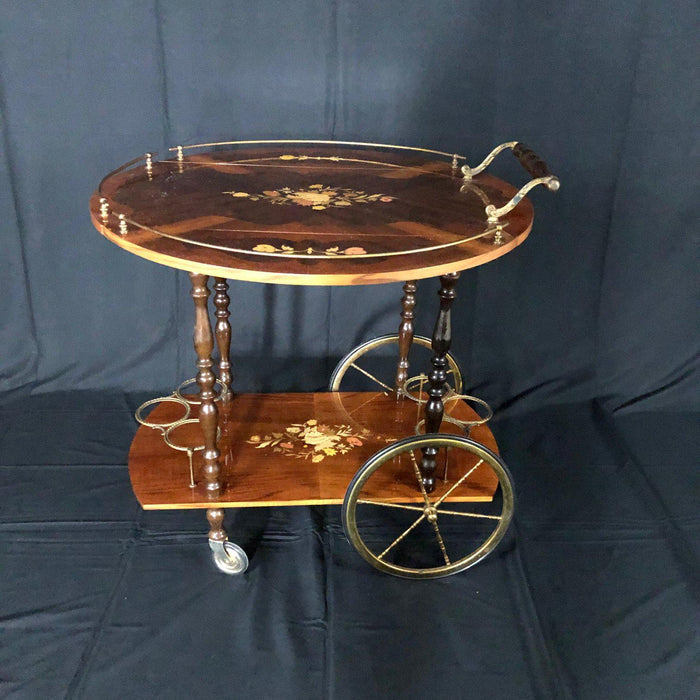 Italian Marquetry Lacquered Drop Leaf Walnut and Brass Bar Cart