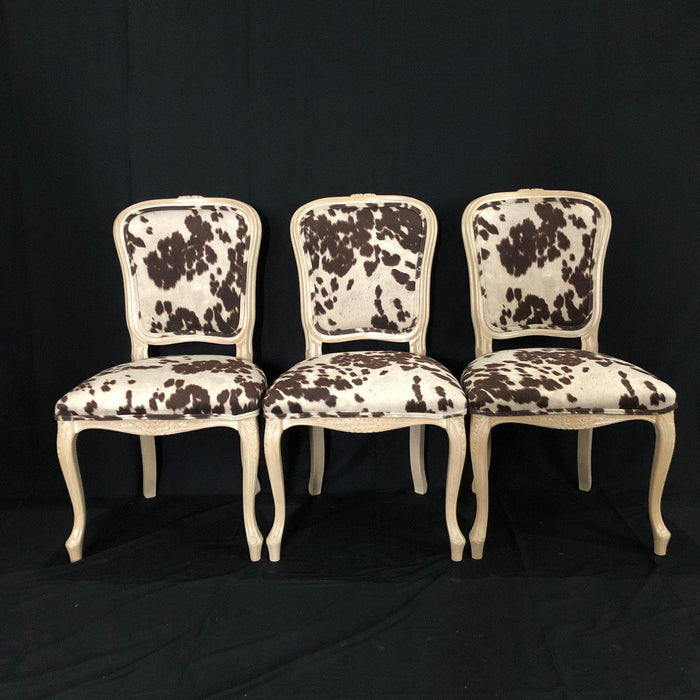 Set of Three French Louis XV Style Cerused Side Chairs with Faux Hide upholstery