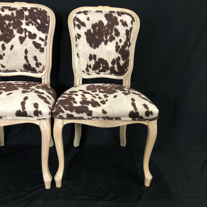 Set of Three French Louis XV Style Cerused Side Chairs with Faux Hide upholstery