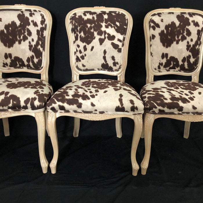 Set of Three French Louis XV Style Cerused Side Chairs with Faux Hide upholstery