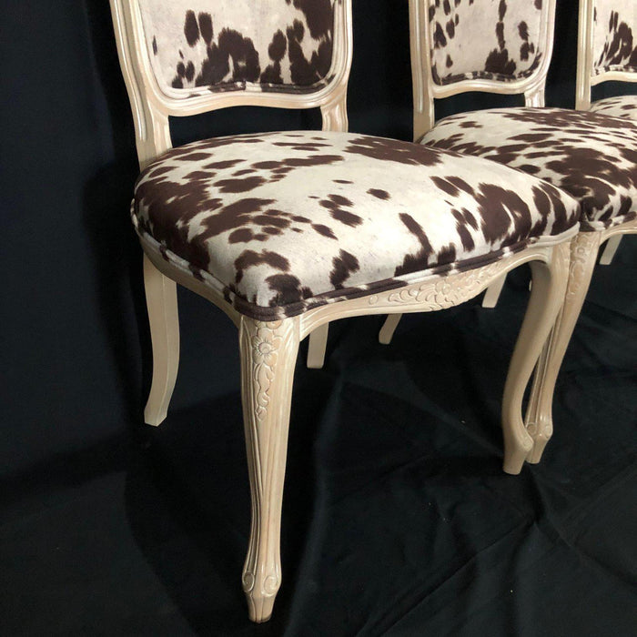 Set of Three French Louis XV Style Cerused Side Chairs with Faux Hide upholstery