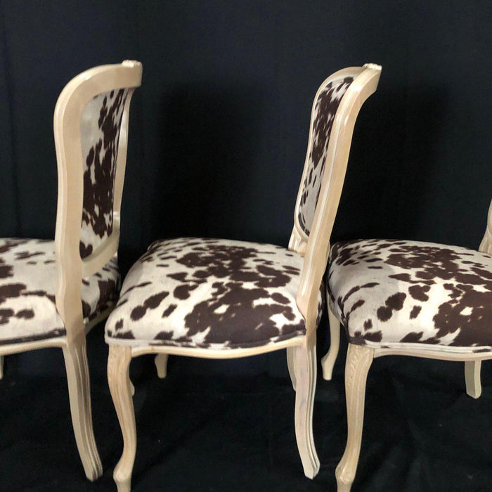 Set of Three French Louis XV Style Cerused Side Chairs with Faux Hide upholstery