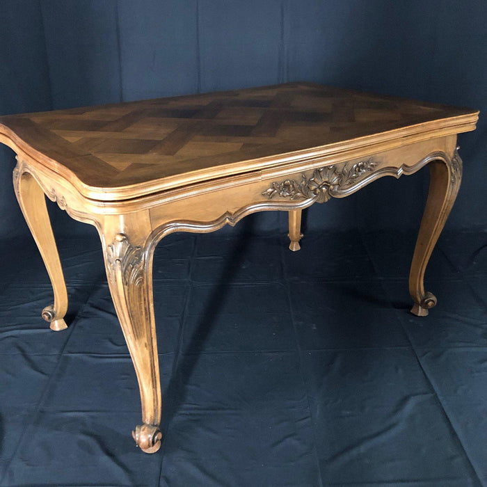 French Period Walnut Country French Extendable Parquet Inlay Dining Table from Normandy