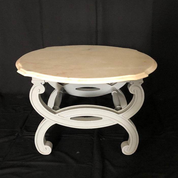 Side Table or Coffee Table with Beveled Carrera Marble Top and Lacquered Wood Base