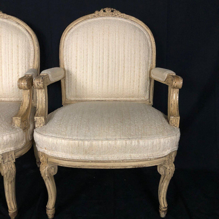 Pair of Louis XIV Neoclassical Style Cream Painted French Bergere Arm Chairs