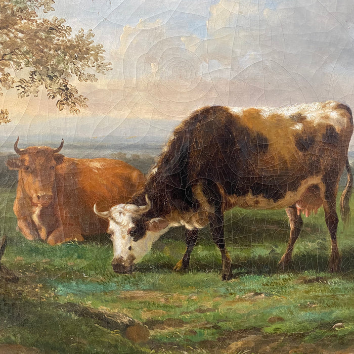 French Realist Oil on Canvas Cow, Goat Livestock Pastoral Painting Unsigned, circa 1880
