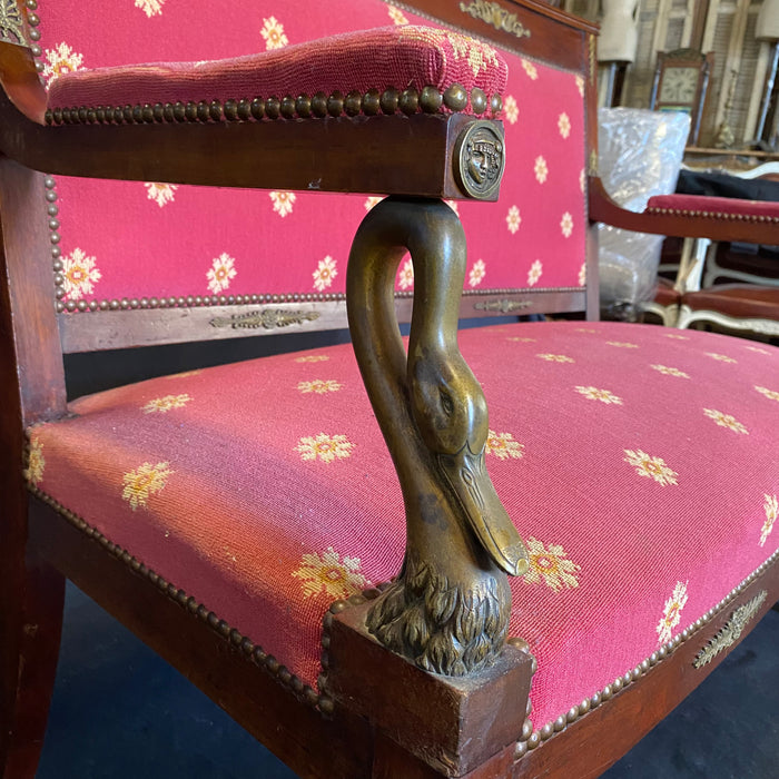 Antique French Empire Chair - Detail View of Bronze Swan - For Sale