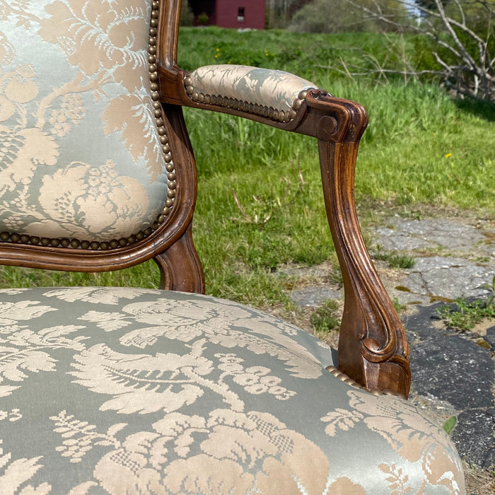 Pair Louis XV-Style Arm Chairs in Walnut with Carved Cartouche