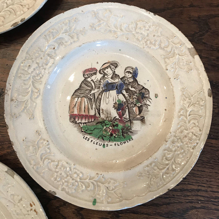 Set of Three French Early 1800s Century plates: Flowers, Boatmen, Dandies and Schoolmaster