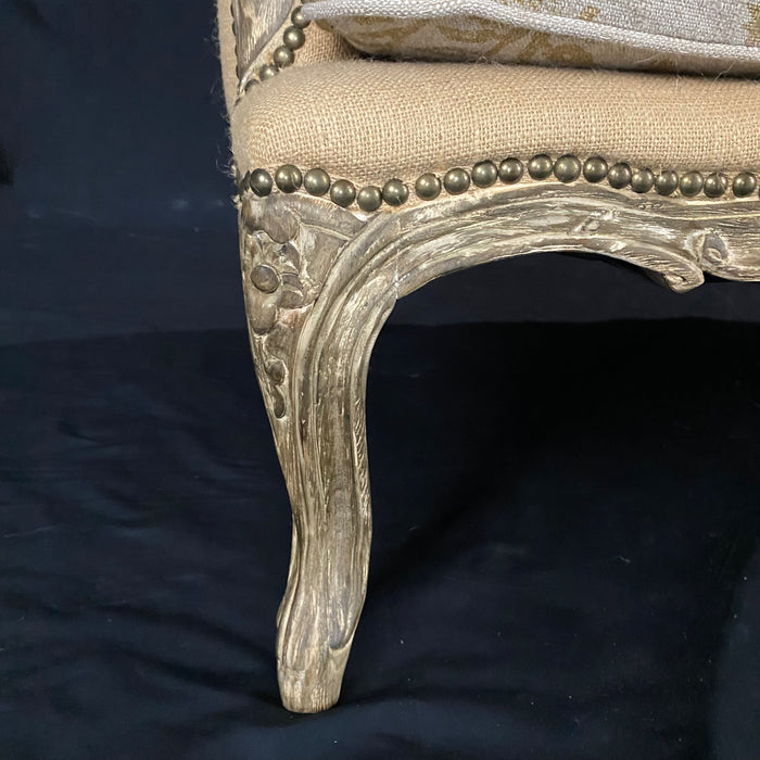 Louis XV Style Loveseat or Sofa with Neutral Contrasting Seat Cushion and Lovely Carved Frame