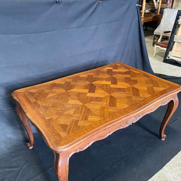 French Dining Table with Leaves - View of Parquet Top - For Sale
