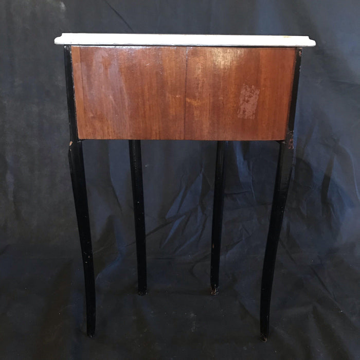 Pair of Marble Top French Ebony and Walnut 3-Drawer Nightstands or Side Tables