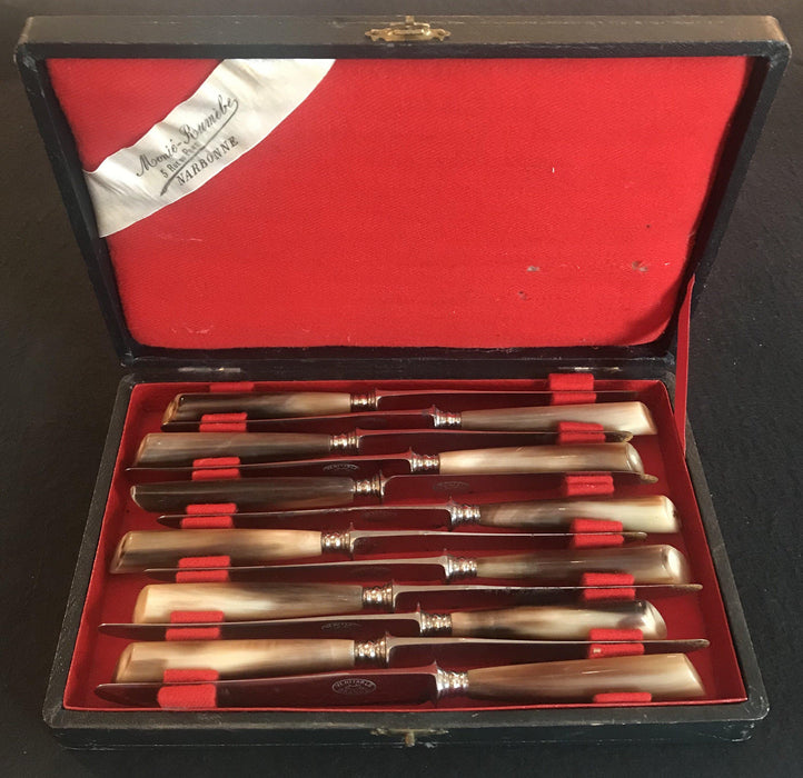 French Set of 12 Horn with Silver Knives, Monie-Rumebe for sale