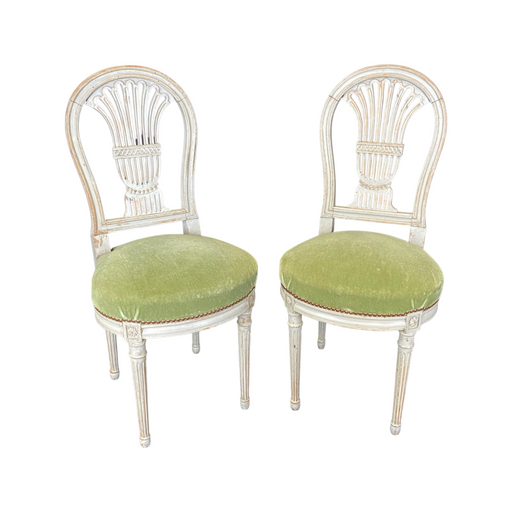 Pair of Antique Period French Louis XVI Dining Room Chairs with Harp Ornament Backs
