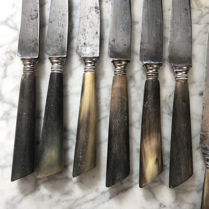 Antique set of 12 silver knives with antler handles