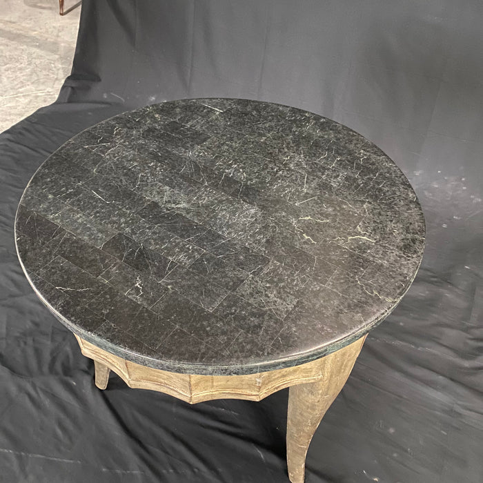 Mid Century Modern Round Silver Leaf Side Table with Lovely Dark Turquoise Tessillated Marble Top
