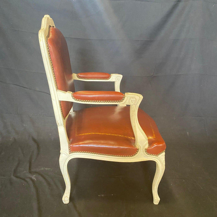 Single French Louis XV Leather Embossed Armchair or Fauteuil