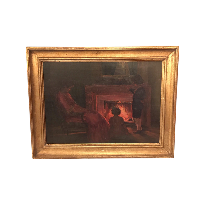 Henri Charles Angeniol (1870-1969) French Oil Painting Fireplace Scene
