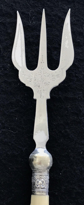 Antique British Bread Fork or Serving Fork with Hallmarks and Carved Twig Handle