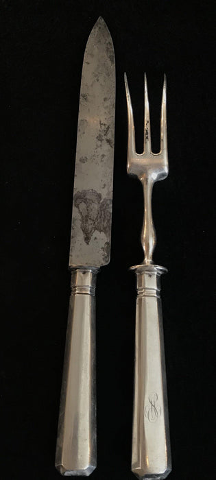 Antique silver serving knife and fork set 