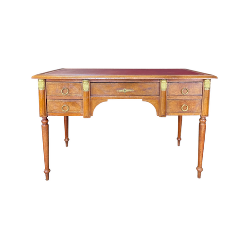 French Louis XVI Inlaid Burled Walnut Desk with Embossed Leather Top and Original Key