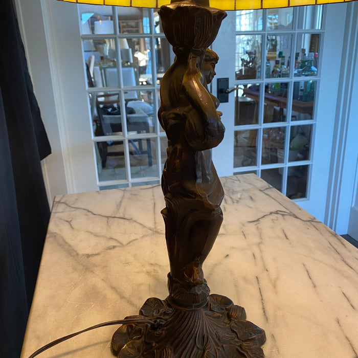 Tiffany Style Art Nouveau Bronze Dragonfly Figural Table Lamp