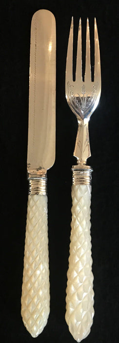 Antique silver fork and knife set with mother of pearl handle 
